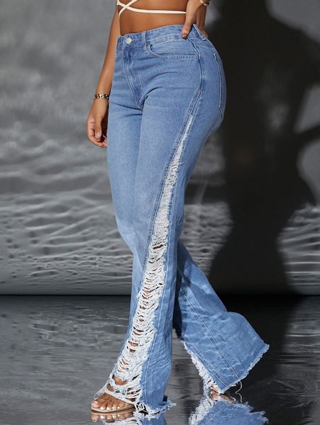 

sxy zipper fly ripped flare leg jeans o9y8#, Blue