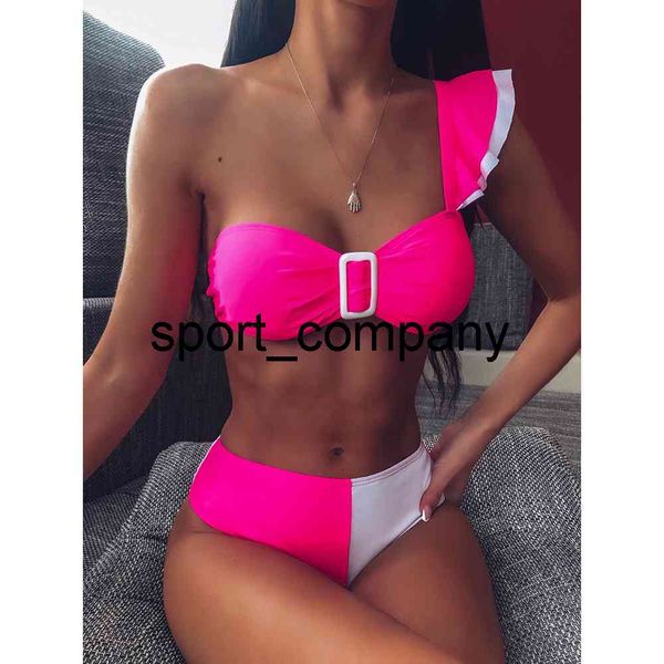 

ruffle bikini sets women two pieces swimsuits patchwork summer beach bathing suits one-shouldered swimwear viquinis mujer 2021