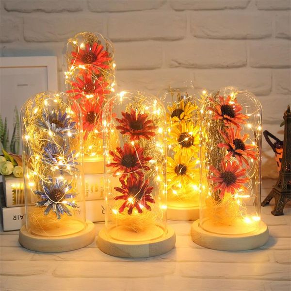 

creative romantic simulation sunflower flower glass cover led micro landscape festival gift home room decoration accessories #t3