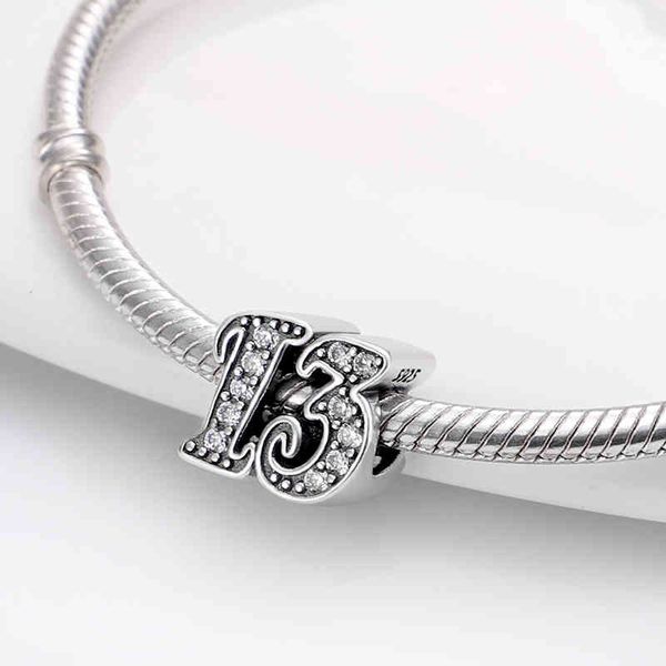 

new 100% 925 silver fit original pandora bracelet necklace zircon arabic numeral 13 plata de ley charms women fine jewelry gift, Golden;silver
