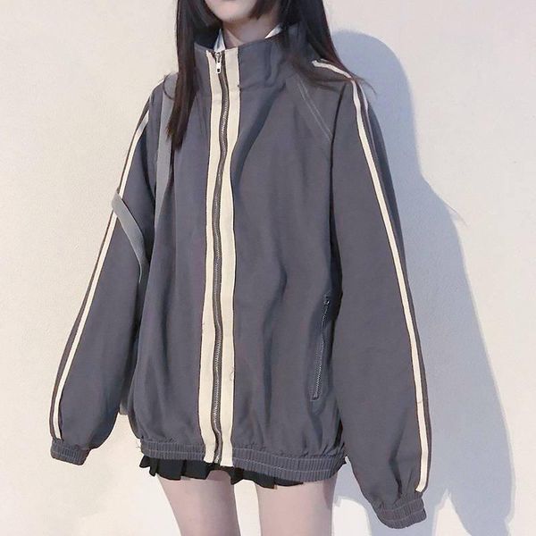 

women's jackets basic women spring zipper stand collar students loose all-match harajuku womens outwear trendy simple striped, Black;brown