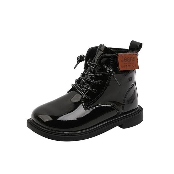 

boots children soft-soled girls autumn and winter warm british style boys leather student metal chain, Black;grey