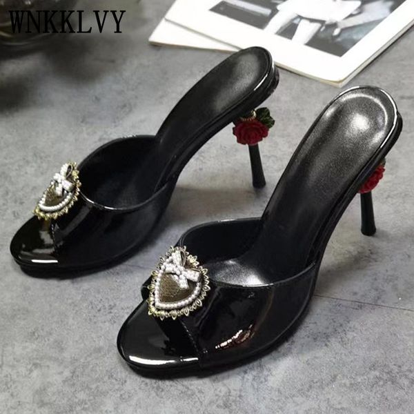 

70% off wholesale flip-flops runway high heel slippers women metal love heart decoration slides ladies mules flower thin party dress sandals, Black