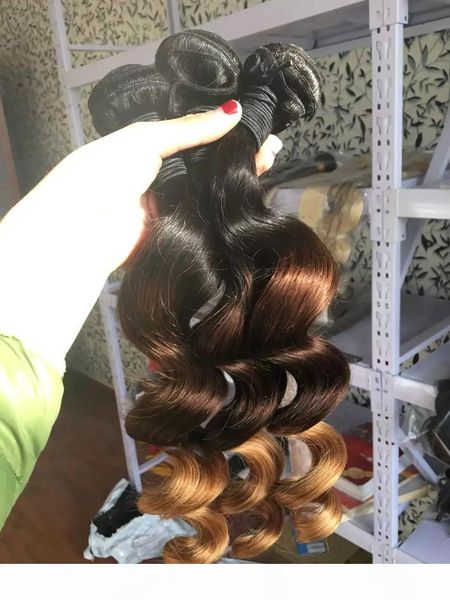 

loose body wave ombre peruvian virgin human hair weave bundles t1b 4 27 three tone brown honey blonde curly sew in hair extensions, Black