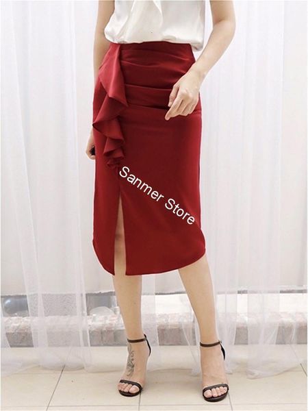 

2021 new split saia vermelha feminina babados cintura alta bainha irregular vero escritrio senhora saias jzwl, Black