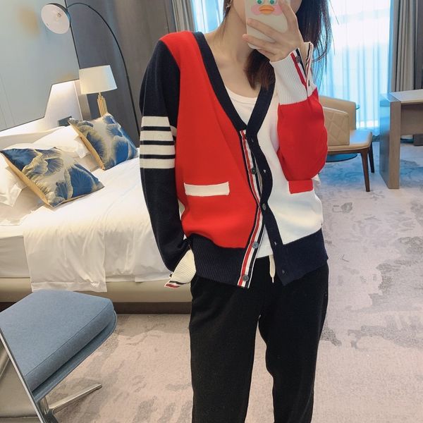 

red cardigan 1329 british college wool sweater women's red, white and blue color matching top