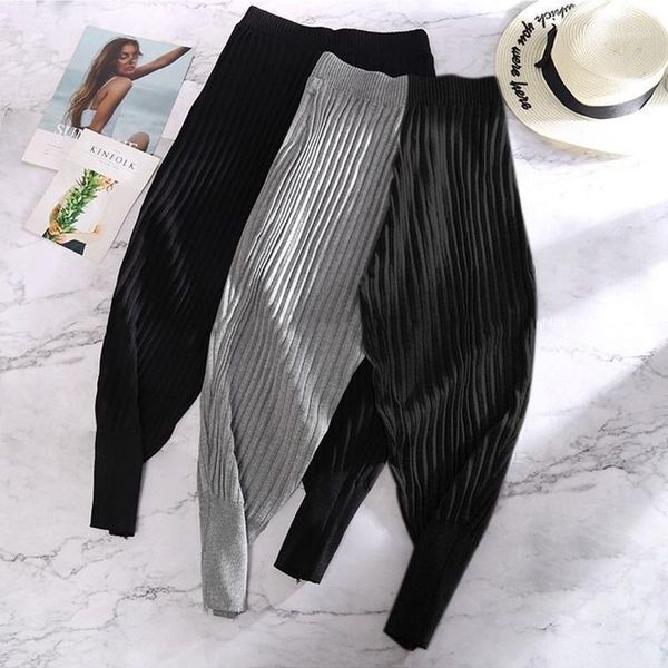 

autumn pleated striped knitted pants women's loose stitching contrast color high waist harem leisure women cross-pants & capris, Black;white