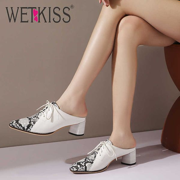 

wetkiss lace up women's slippers snakeskin mules shoes woman thick high heels slides ladies shoes casual cross tie slipper 210630, Black