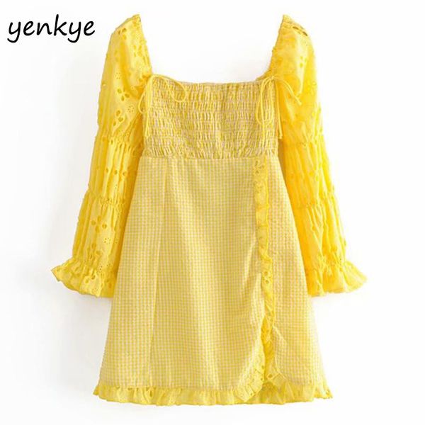

casual dresses 2021 women openwork embroidery long sleeve ruched yellow mini dress lady square neck backless plaid party sexy, Black;gray