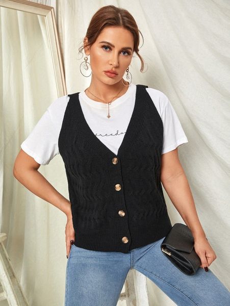 

plus button front vest cardigan without tee y6ce#, Black