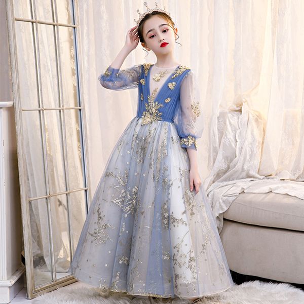 

blush pink flower girls dresses long sleeves for weddings lace appliques ball gown birthday girl communion toddler pageant gowns, White;blue