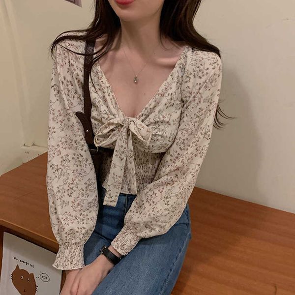 

french v-neck floral blouse spring long sleeve women designer puff slevee casual vintage clothing ladies 210604, White