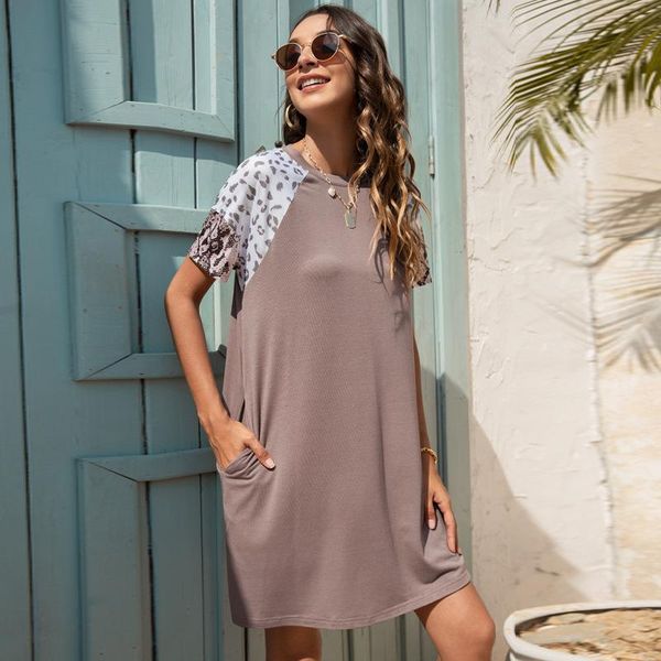 

casual dresses summer women's mini dress 2021 short sleeve leopard print fashion o-neck sundress ladies clothes, Black;gray