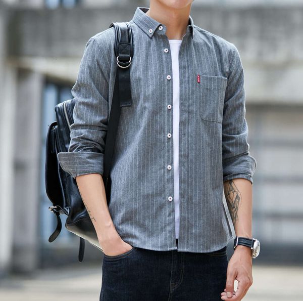 

2020 autumn new plaid long sleeve men's casual stripe shirt lapel, White;black