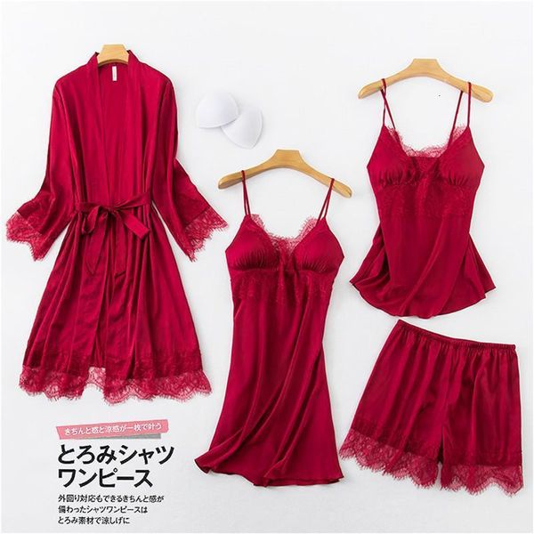 

satin pijamas mujer sleepwear women pajama set 4 pcs lace lingerie pyjamas nightwear silk home clothes lounge wear, Black;red