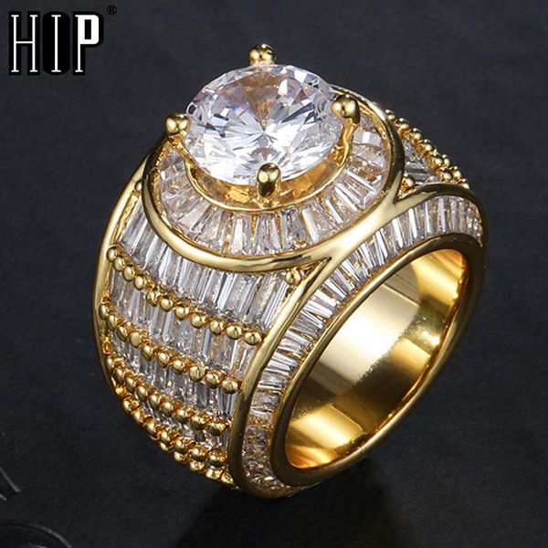 

cluster rings hip hop classic cz big t stone square ring gold silver color iced out zircon charm for men women jewelry size 8-10, Golden;silver