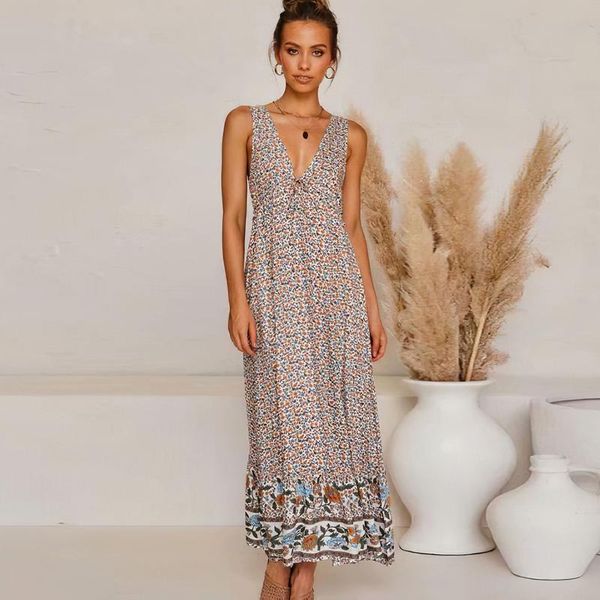 

casual dresses jastie spring summer 2021 women maxi dress v-neck sleeveless floral print boho hippie beach long female vestidos, Black;gray