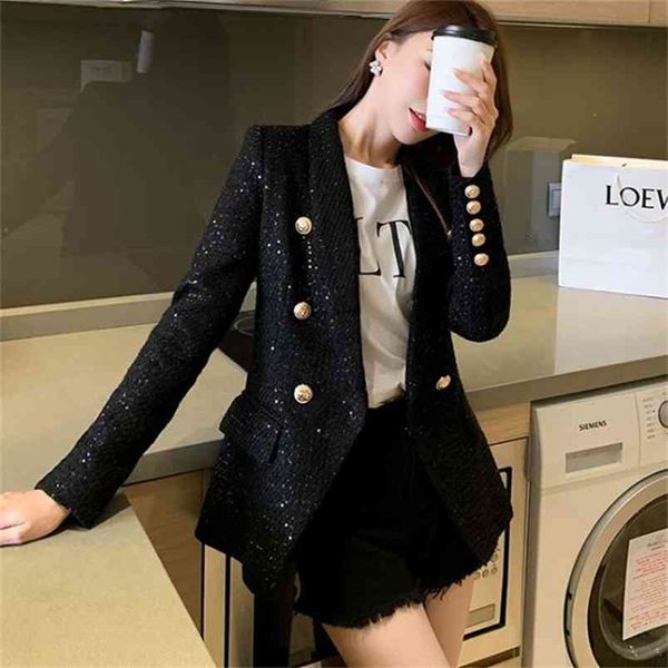 

women tweed jackets fashion office ladies black tassel houndstooth coats female autumn vintage thick plaid coat girls chic 210603