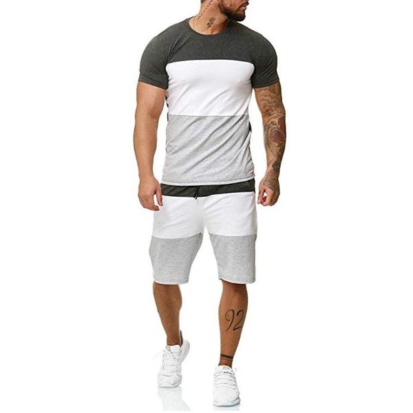 

men's tracksuits summer sets fitness running sports suits patchwork print t-shirt +shorts sportswear two pieces tracksuit camiseta homb, Gray