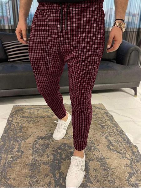 

men's pants stripe casual loose pencil slim fit plaid side skinny trousers jogger, Black