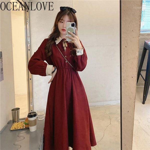 

casual dresses oceanlove japan style woman dress bow vintage a-line sweet kawaii autumn winter vestidos high waist elegant femme robes 19426, Black;gray