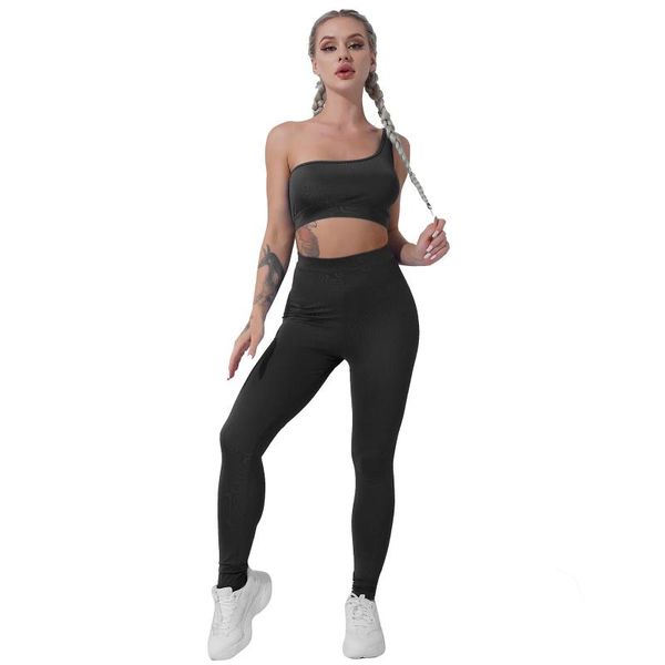 

yoga outfit women fitness gym sportswear asymmetric single shoulder strap sport and high waist pants set for summer running outfits