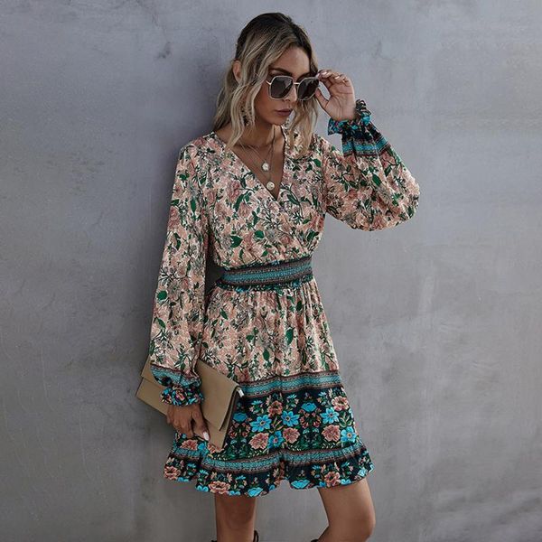 

casual dresses 2021 spring women floral fashion print boho style mini a-line dress fall long sleeve v neck elastic waist ladies, Black;gray