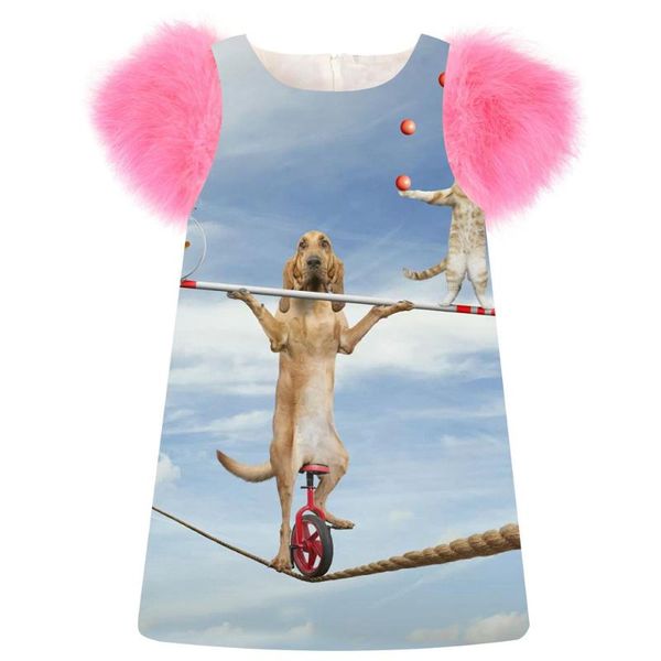 

girl's dresses girls dress spring/autumn faux fur sleeve fashion an acrobatic dog printing children clothing, Red;yellow