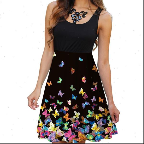 

summer tank mini elastic waist dress women boho o neck 3d butterfly print dress casual sundress ladies tunic robe vestidos, Black;gray