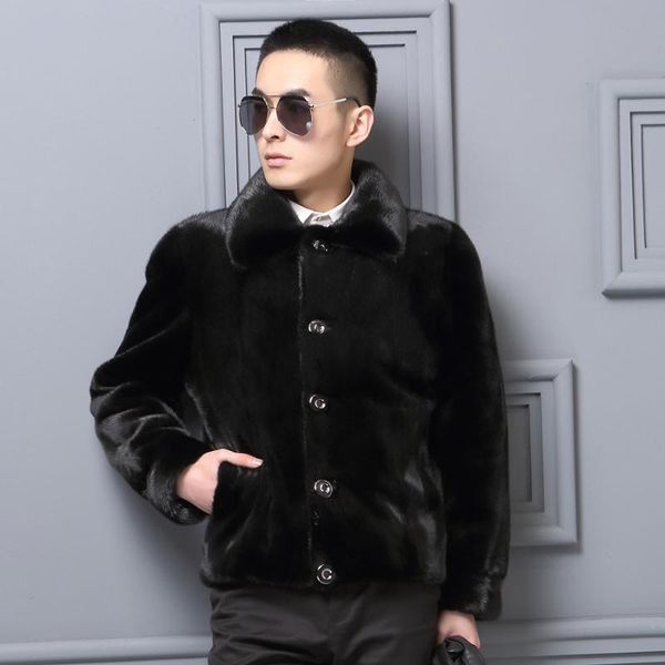 

men's leather & faux winter fur jacket mens mink coat genuine imported jackets real men bomber yl8909, Black