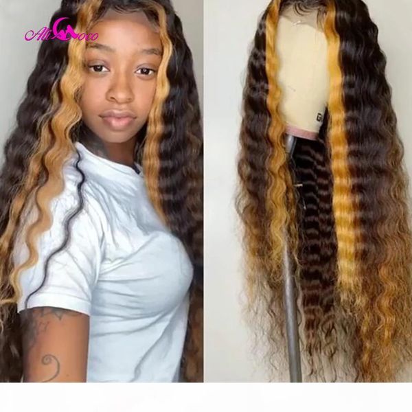 

ali coco deep wave human hair lace front wigs 150% density ombre wigs pre plucked for black women hairstyle malaysia remy hair, Black;brown