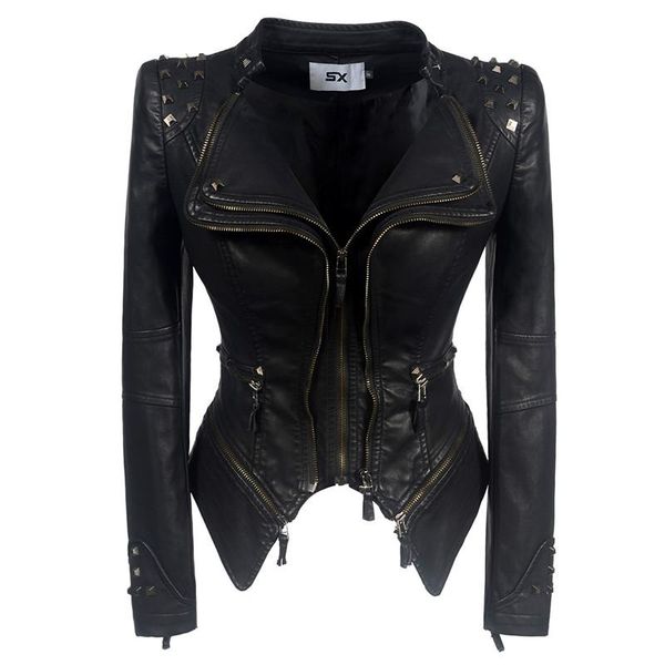 

women's leather & faux autumn style shrug rivet slim waist washed motorcycle pu jackets y797, Black