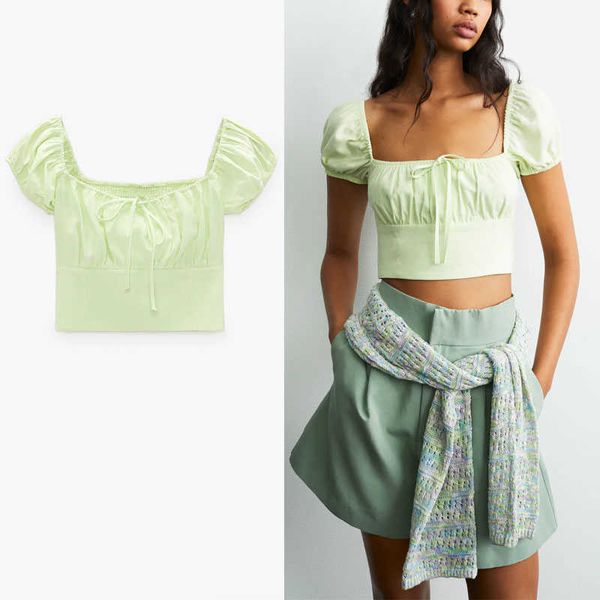 

za linen cropped summer women short puff sleeve smocked elastic blouse woman chic front bow square neck green shirt 210602, White