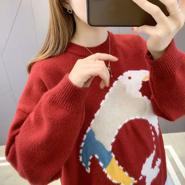 

autumn and winter 2021 new women's base sweater cartoon foreign knitwear lazy loose wear thickening, White;black