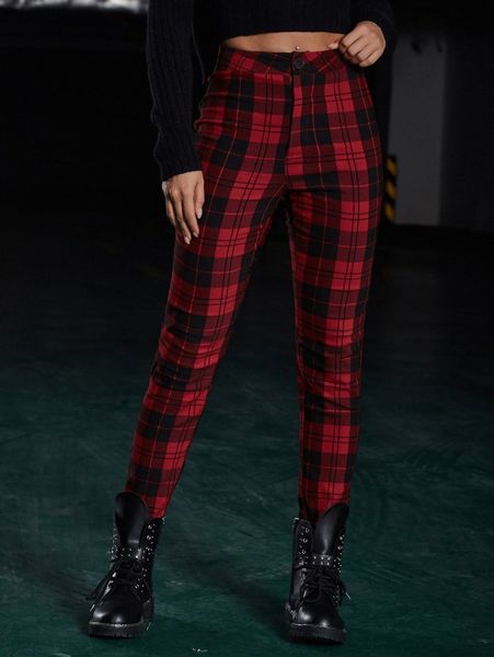 

d& plaid print fitted pants 22e3#, Black;white