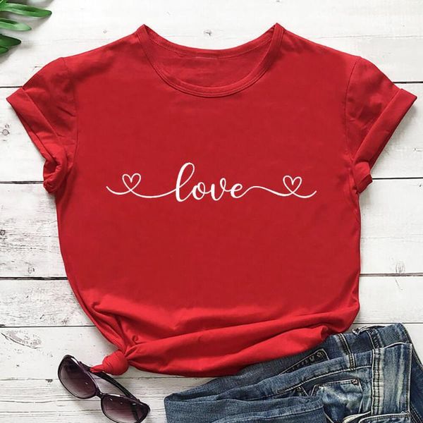 

women's t-shirt love heart trendy printed 100%cotton t shirt valentine's day shirts spring casual o-neck pullovers short sleeve, White