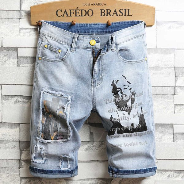 Pantaloncini di jeans comodi blu chiaro da uomo con stampa di personaggi 3D estivi jeans slim moda giovani must-have 210714