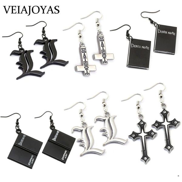 

dangle & chandelier anime death note book pendant drop earrings stainless steel cross black double l earring cosplay jewelry birthday gif, Silver