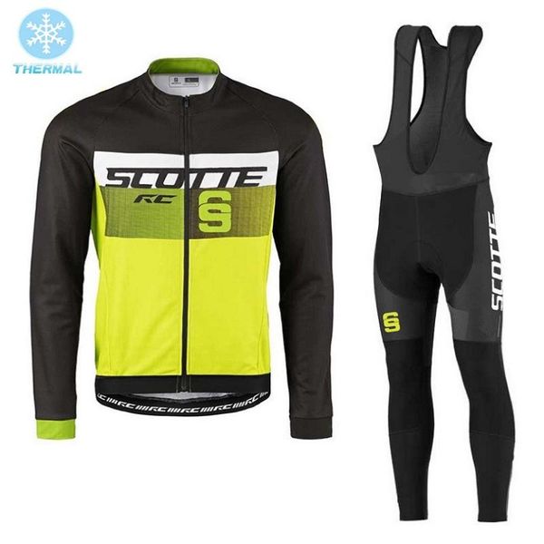 

racing sets 2021 gs team green scotte winter thermal fleece long sleeves cycling jersey mtb 9d bib pants jacket wear, Black;blue