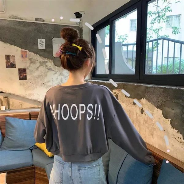 

women's hoodies & sweatshirts korean casual letters printed sweatshirt outerwear coat women solid color long sleeved high-waist cropped, Black