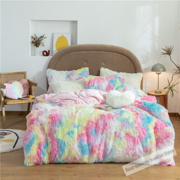 Fluffy Velvet 27 colori Set biancheria da letto Copripiumino in pile Lenzuolo con angoli piatti Federe Twin Full Queen King size Personalizzabile C0223