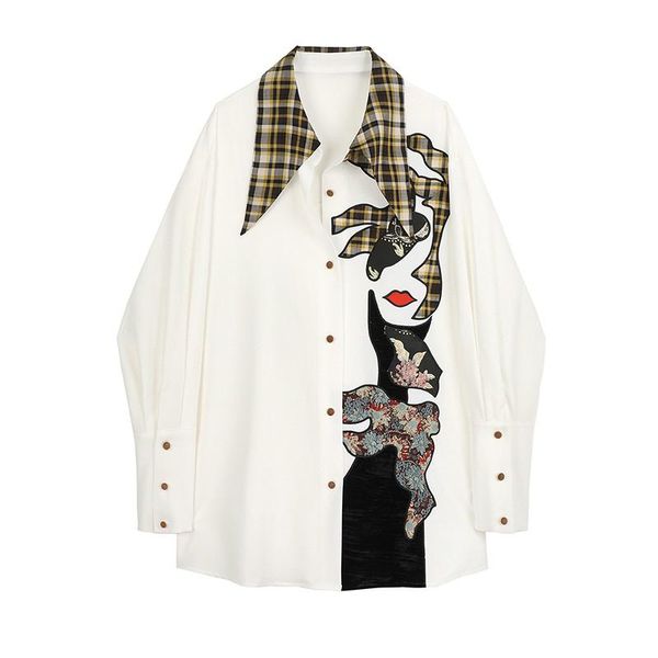 

patchwork plaid embroidered shirt for women lapel long sleeve hit color vintage casual loose blouse female 2021 fall fashion, White