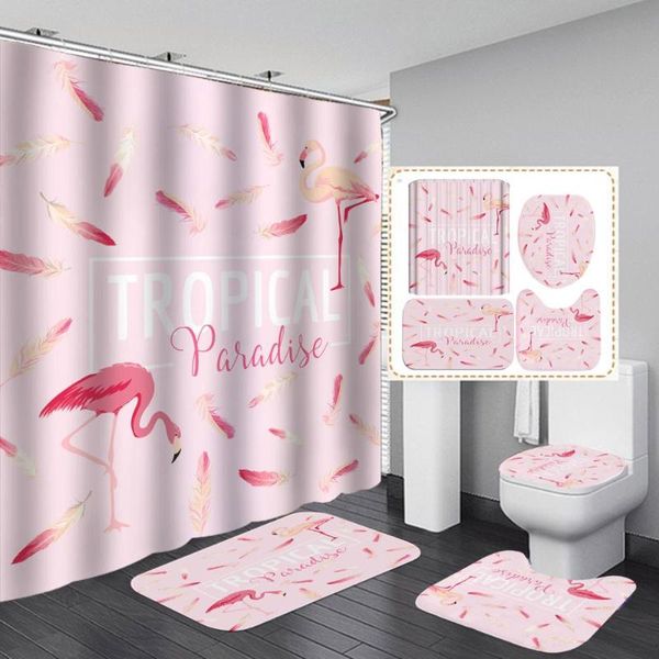 

shower curtains flamingo print curtain 4 piece carpet cover toilet bath mat pad set bathroom 12 hooks