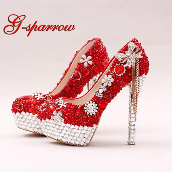

dress shoes red color gorgeous pearl bridal rhinestone bow tassel wedding women party prom high heels lady valentine pumps, Black