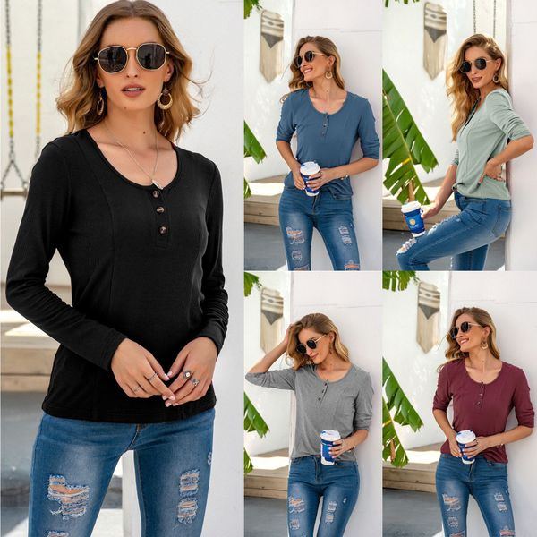 

independent station real sautumn and winter new u collar button sweater long sleeve slim solid color pullover sweater, White