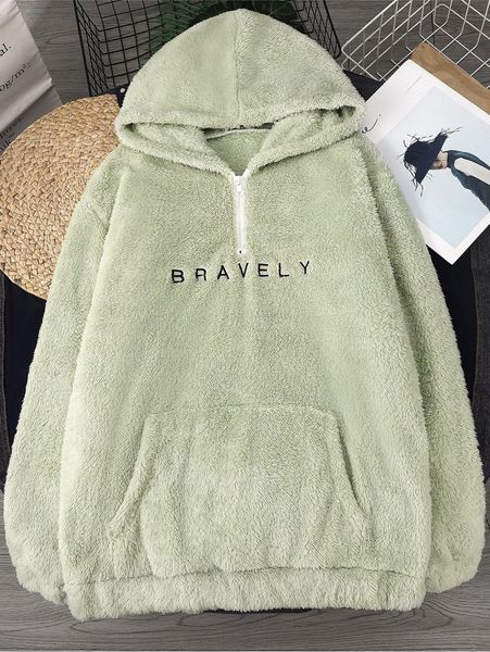 

men letter embroidery kangaroo pocket teddy hoodie q3zf#, Black