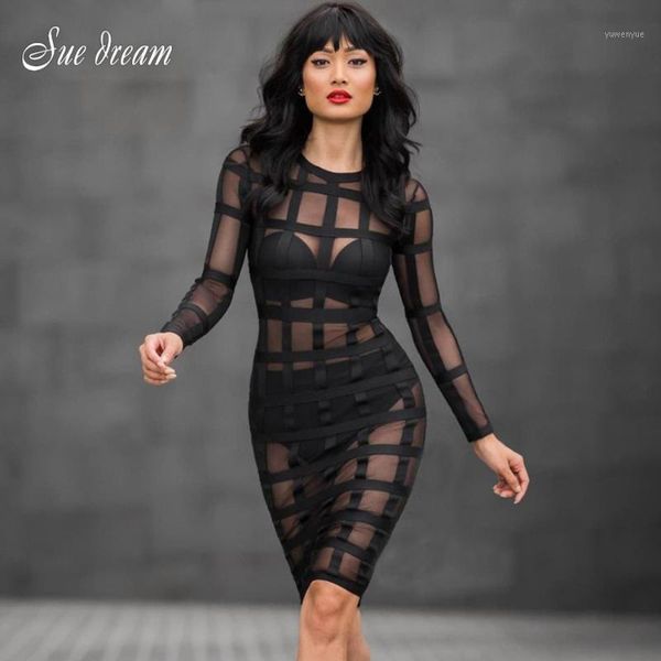 

summer sheer mesh grid khaki nude black long sleeves patchwork knee length bandage dress bodycon celebrity party casual dresses, Black;gray