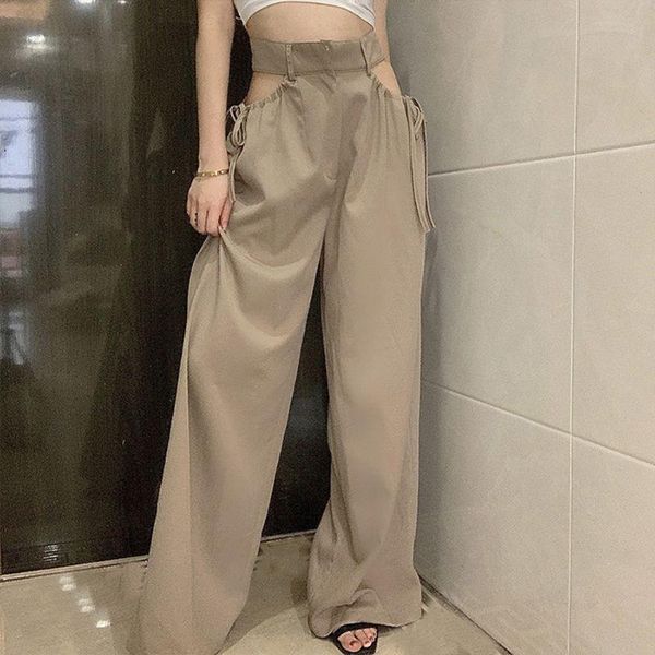 

women's pants & capris women high waist hollow out baggy loose long side ruched drawstring wide leg trousers solid color streetwear wit, Black;white