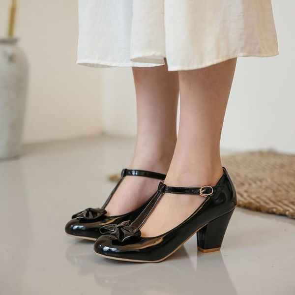 

dress shoes plus size 32-48 women spring summer patent leather high heels woman t-strap bowknot pumps lady daily work footwear, Black