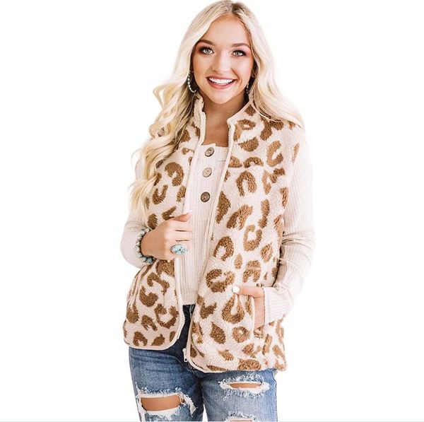

women's vests autumn winter fashion lamb cashmere leopard print zipper vest jacket sleeveless elegant ladies outwear short coat, Black;white